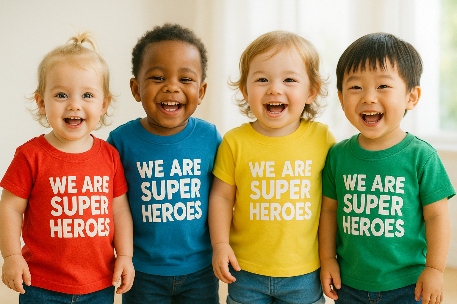 Chidren  toddlers to 4 year old in T shirts that say We are super heroes